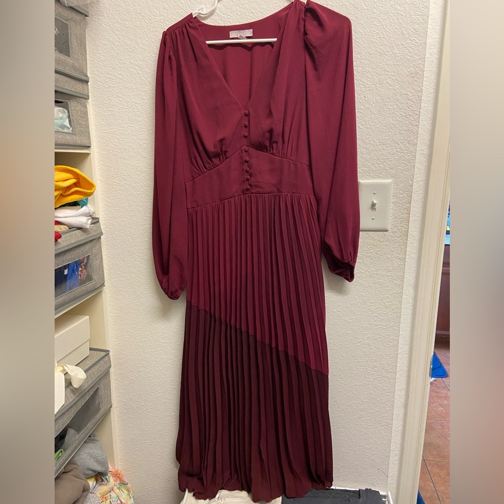 Button Pleated Long Sleeve Maxi Dress